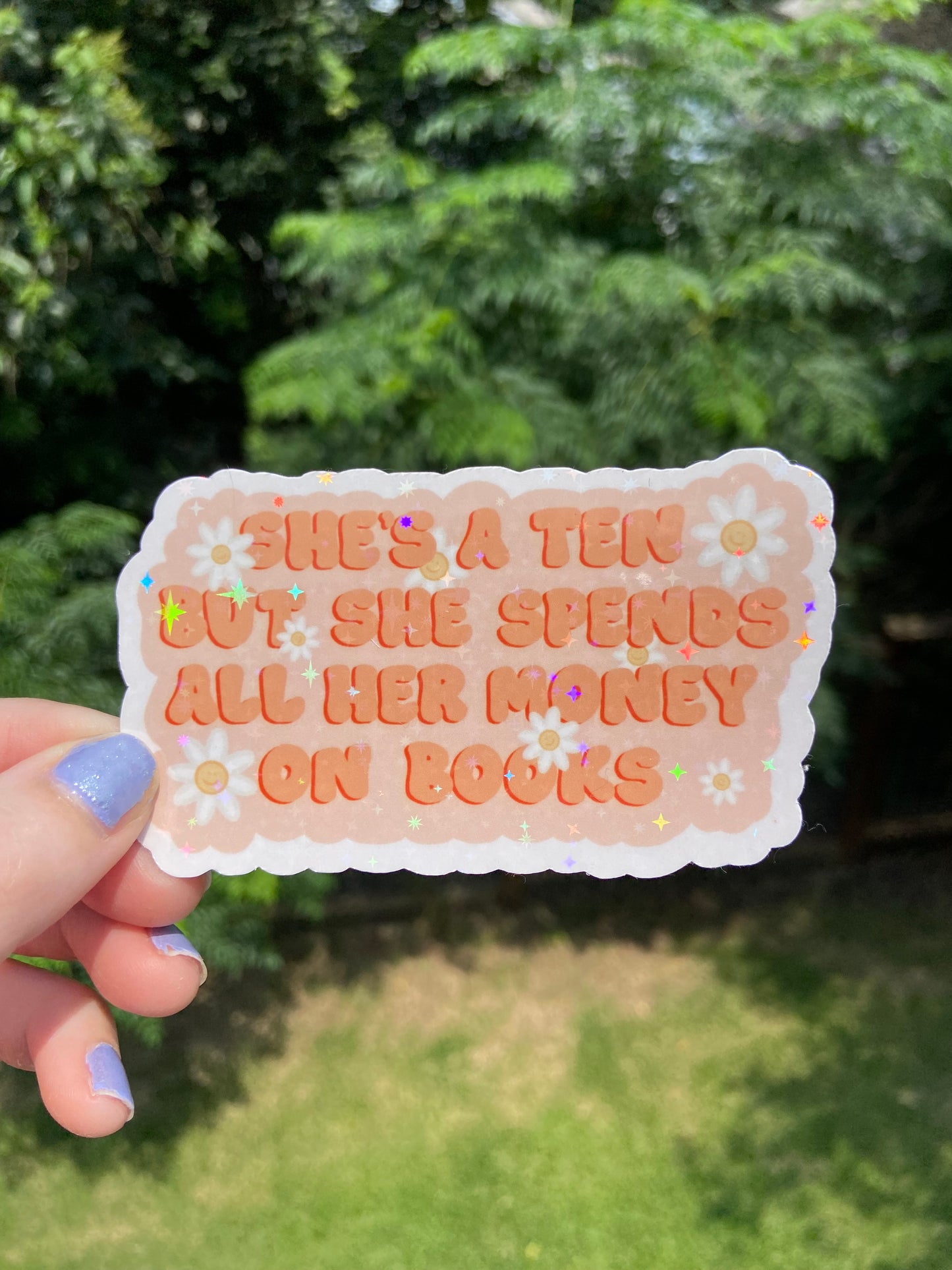 “She’s a ten but she spends all her money on books” - Holographic Sticker